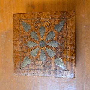 Wooden Box with Brass Metal Inlay Flower